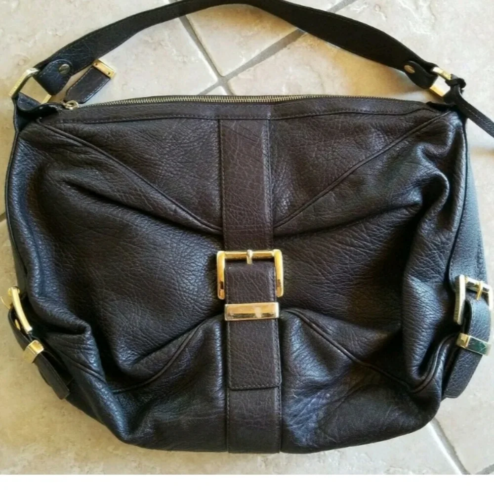 Michael Kors Large Leather Hobo‎ Style Eggplant Purse w/ Gold Buckle HandbagTex